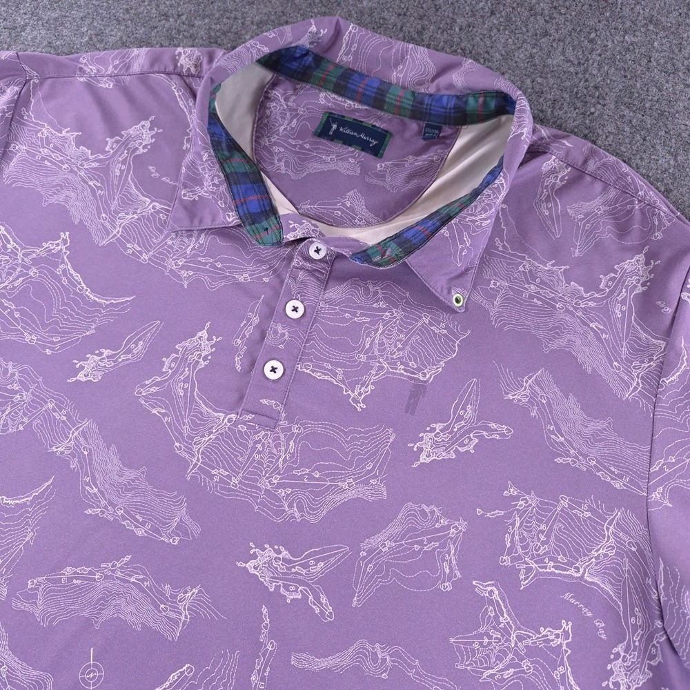 William Murray Golf Polo Mens XXL Purple Topographical Map Murray Bay Plaid Trim